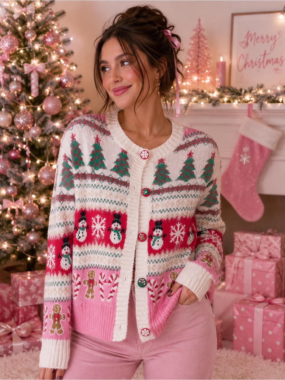 33 Degrees Pink & Cream Holiday Fair Isle Cardigan